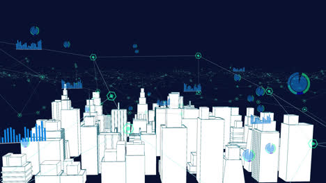 animación de modelo 3d blanco de la ciudad sobre puntos conectados con líneas contra un fondo abstracto