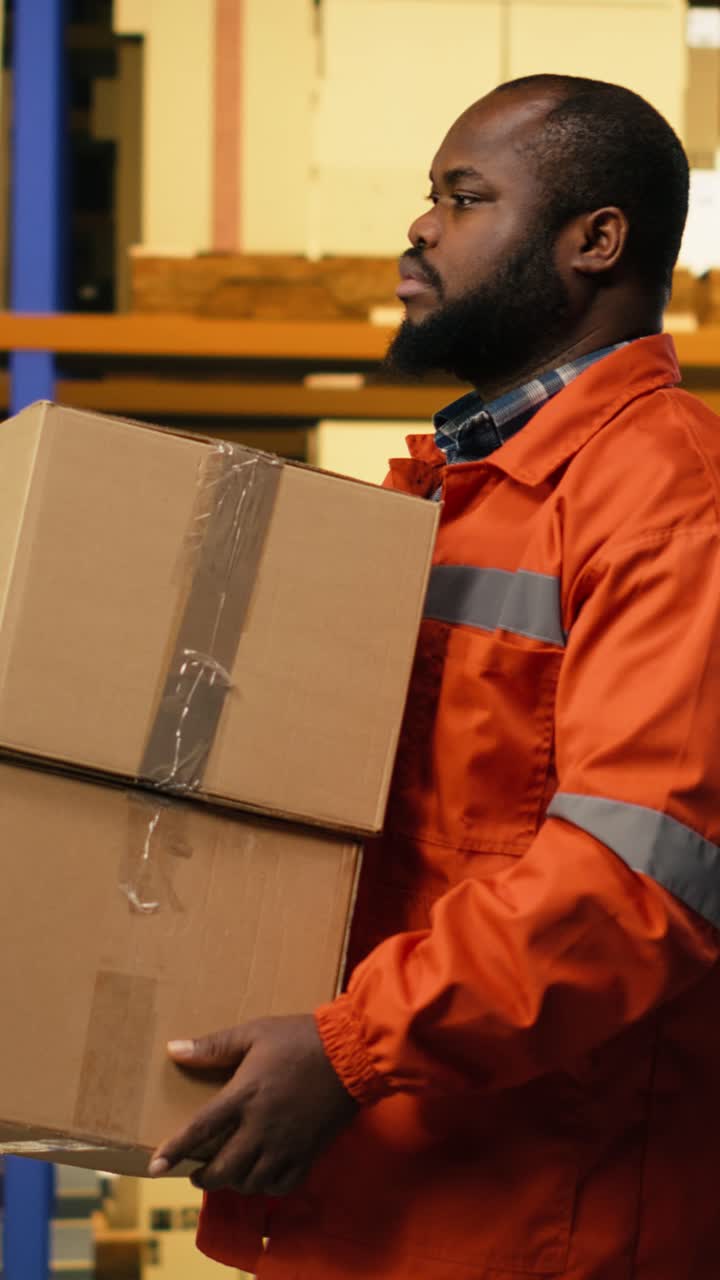 Vertical Video African American Man Employee Coordinating Cargo Dispatch With Safety Vest