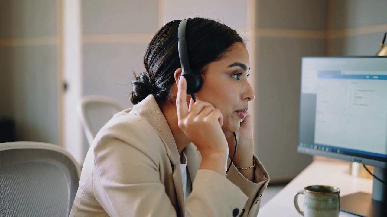 Donna in blazer beige che indossa cuffie over-ear alla scrivania, tenendo gli occhiali mentre legge lo schermo.