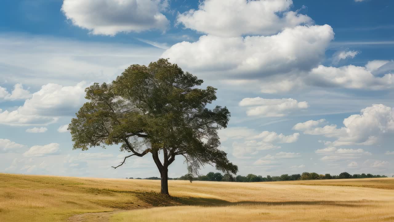 Large deciduous tree growing in the middle of a golden field under a blue sky with white clouds, creating a peaceful and idyllic rural landscape