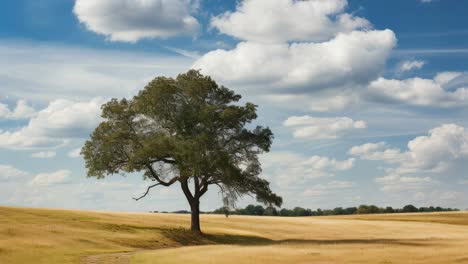 large deciduous tree growing in the middle of a golden field under a blue sky with white clouds, creating a peaceful and idyllic rural landscape