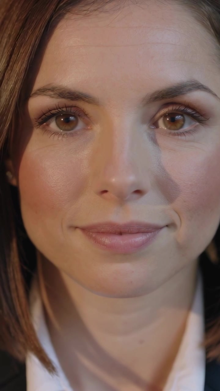 Video verticale: Donna inquadrata dalla telecamera che sorride, mantenendo lo sguardo in studio, con camicia e blazer, come presentatrice.