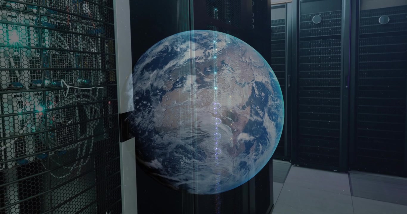 Animation of a globe against computer server room