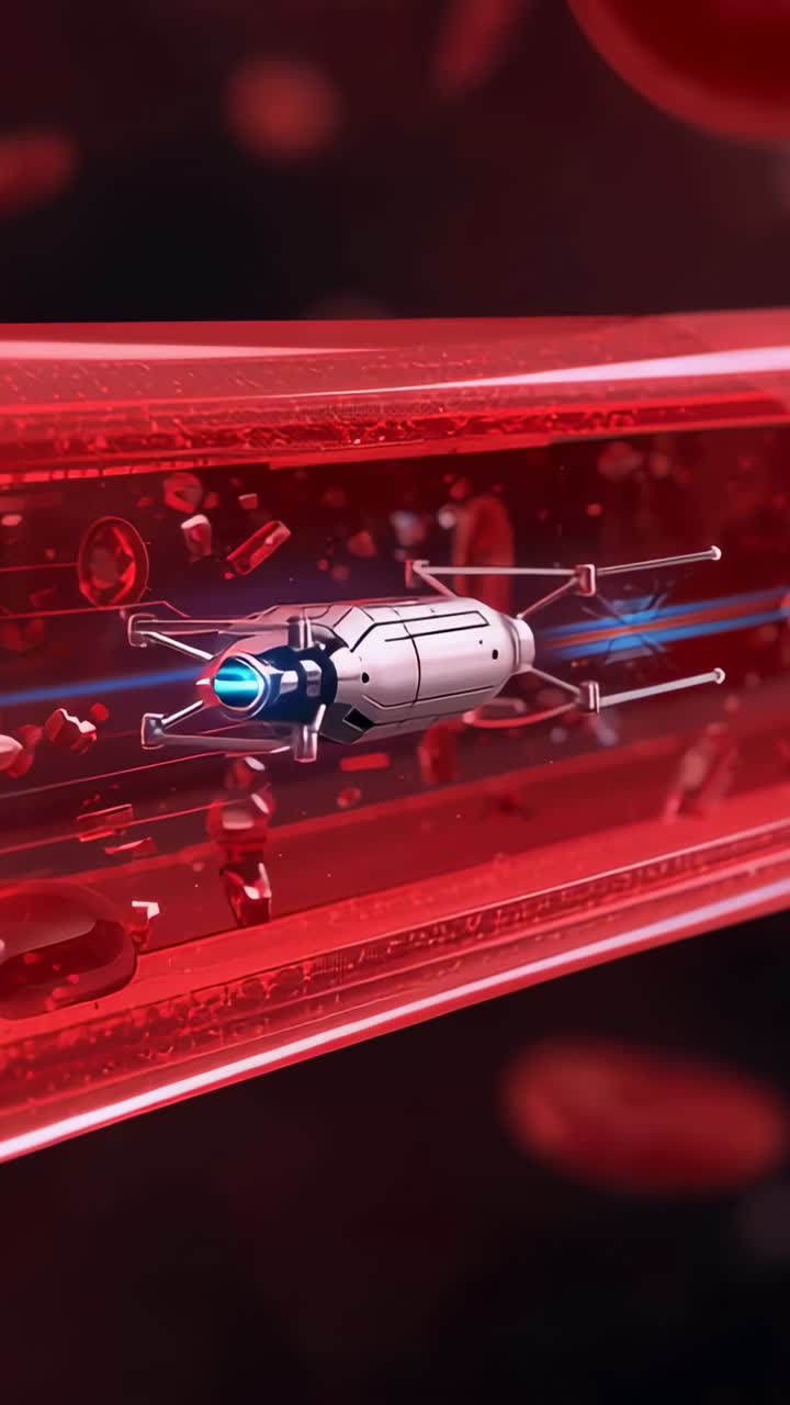 Vertical video: Thruster firing microbot moving through red tube to inspect, trailing blue exhaust