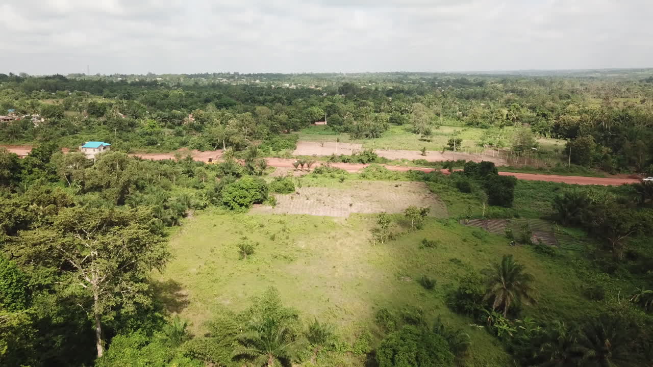 volando sobre un campo exuberante con una carretera en benin, áfrica occidental