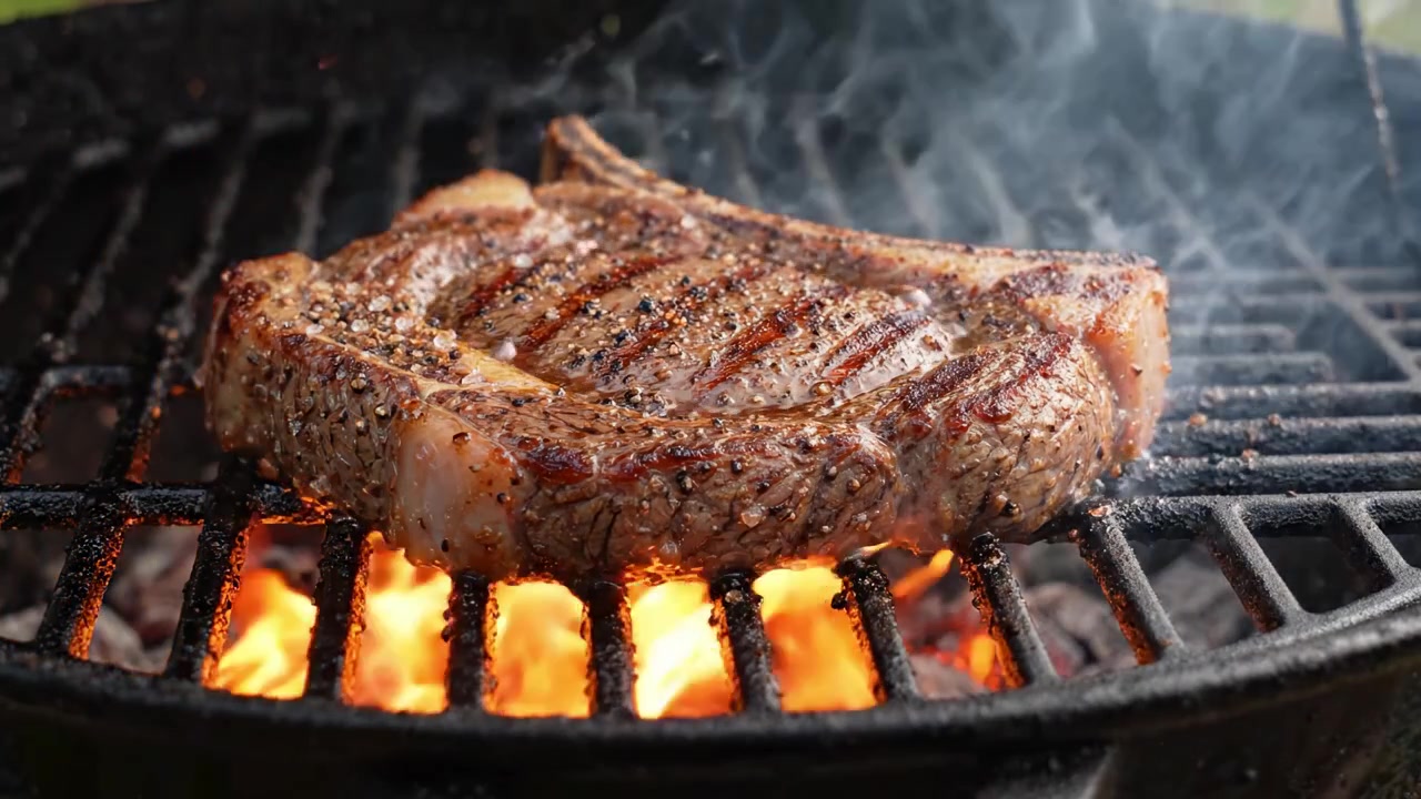A Succulent Grilled Steak Capturing the Essence of Perfect Barbecue Techniques, Showcasing Juicy, Flavorful Meat Amidst Dancing Flames and Smoky Aromas