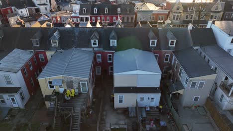 aerial view of backyards of city homes