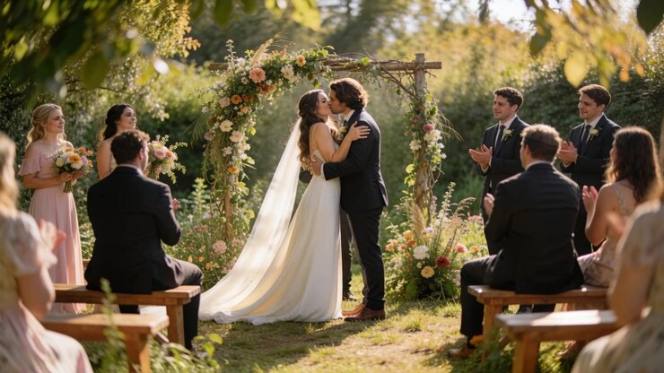 Officiant speaking, bride and groom wearing wedding attire kissing under floral arch, vowing