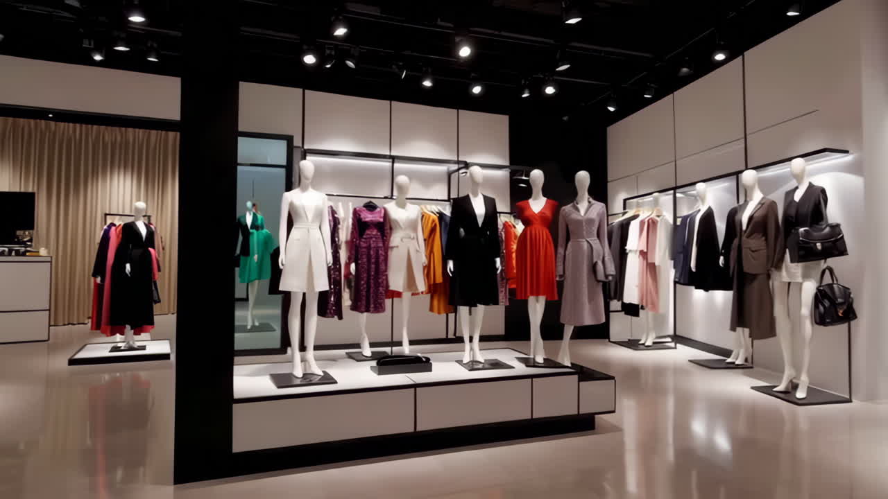 Interior of a modern women's fashion boutique with mannequins and clothing displays