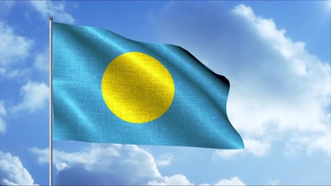 agitando la bandera de palau contra un cielo azul con nubes blancas