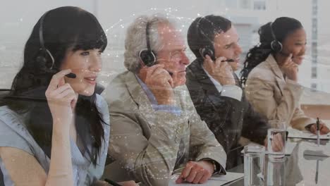 Animation-of-globe-over-business-people-using-phone-headsets