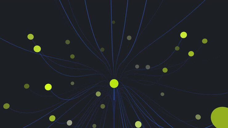 Abstract illusion shape with neon dots and lines on black gradient
