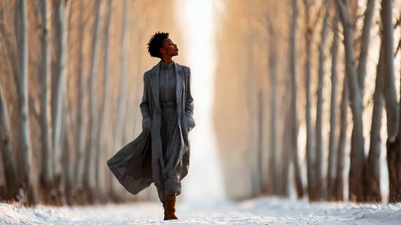 A solitary figure walks through a serene, tree-lined path, showcasing elegance and contemplation as sunlight filters through the branches, highlighting a moment of introspection and tranquility