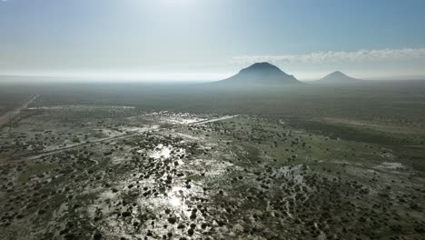 The-Mojave-Desert-basin-flooded-after-torrential-rainfall-in-California-2023---aerial-flyover