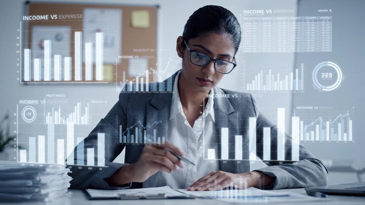 Focused Professional Analyzing Financial Data and Reports with Graphs in a Modern Office Setting, Showcasing Diligence and Analytical Skills