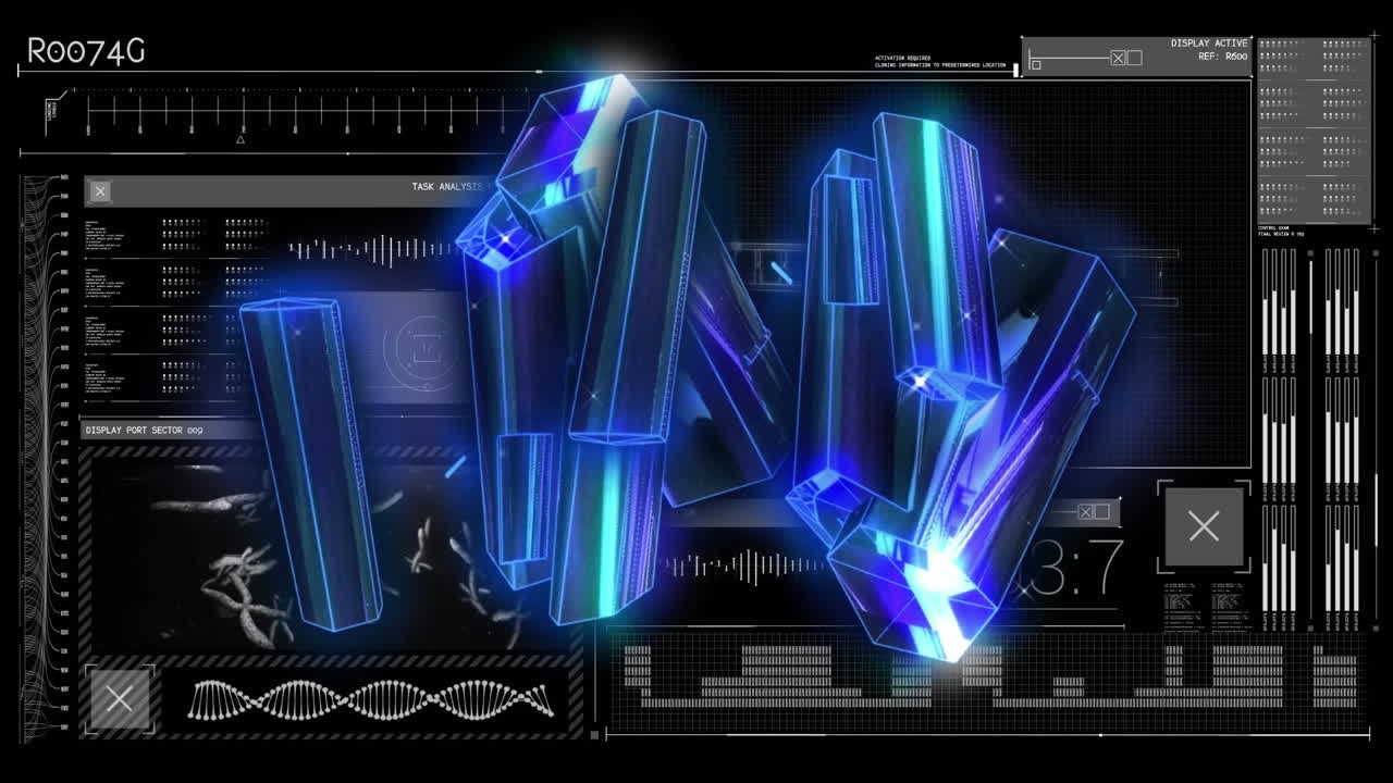 Animation of blue crystals rotating over data processing on black background