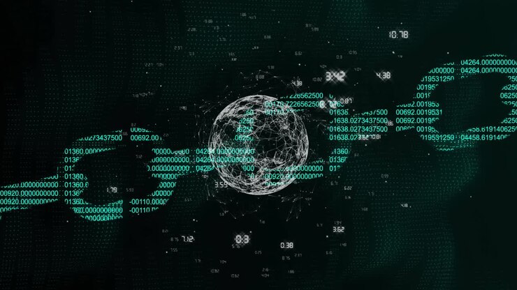 Rotating globe with binary coding and data processing animation