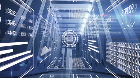 animation of interface with data processing against computer server room