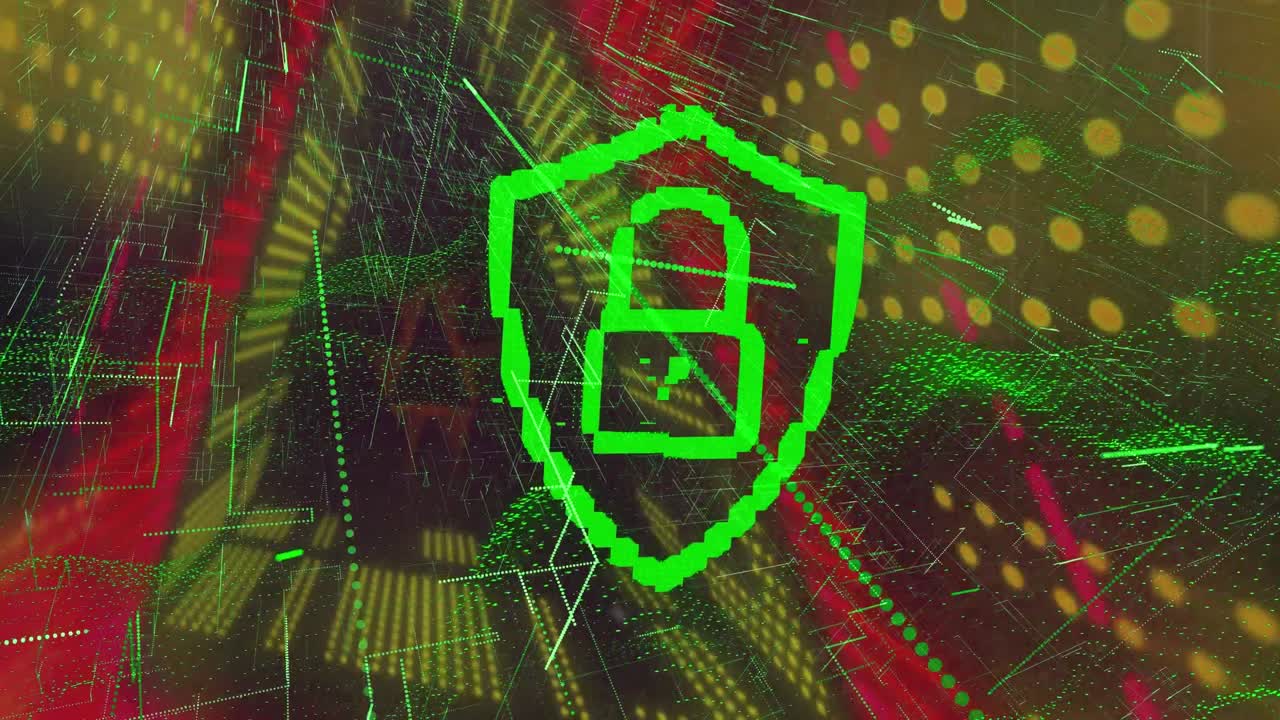 animazione di lucchetto digitale e linee nel tunnel luminoso al neon