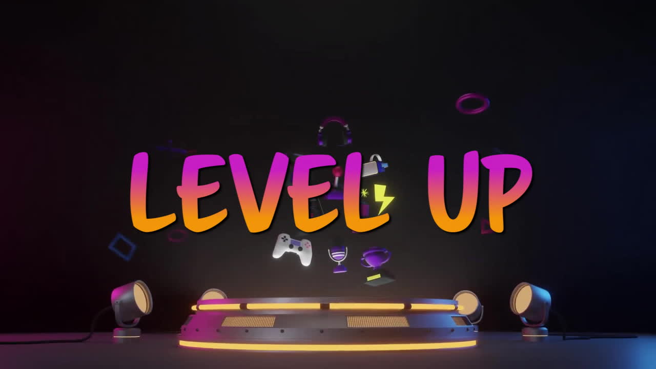 게임 아이콘의 애니메이션과 사이버 게이트에 대한 레벨 업 텍스트