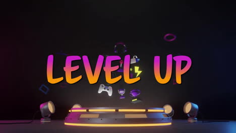 animation of gaming icons and level up text over cyber gate