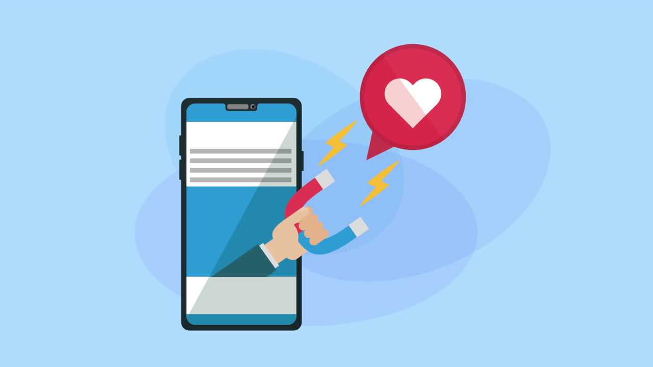 smartphone and magnet with social media marketing animation