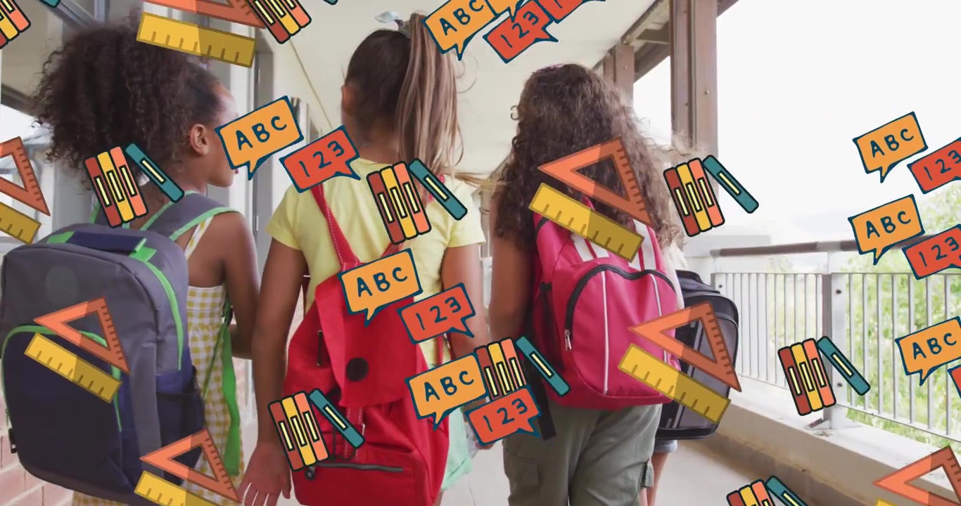Animazione di icone di articoli scolastici su bambini di diverse etnie