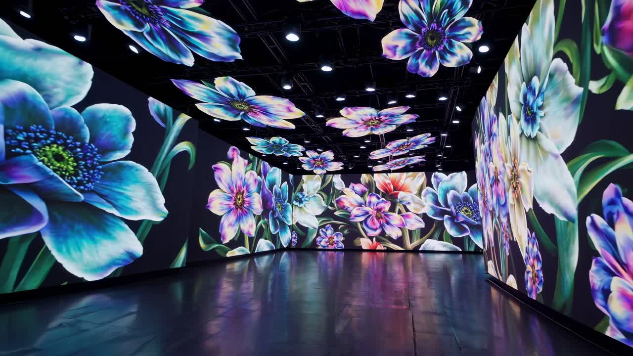 Immersive video art installation with vibrant, oversized flowers projected on walls and ceiling