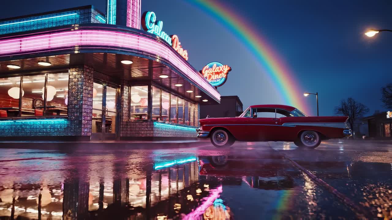 Scéna z retro bistra s duhou, záběr z nízkého úhlu. Zářivá neonová světla, ideální pro nostalgickou atmosféru.