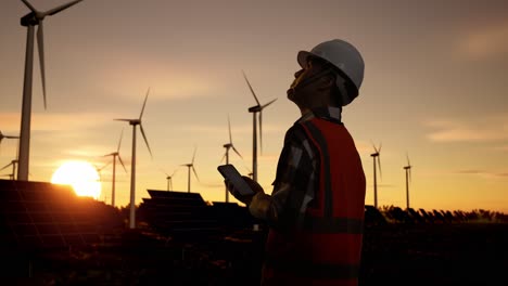 engineer at a renewable energy facility at sunset