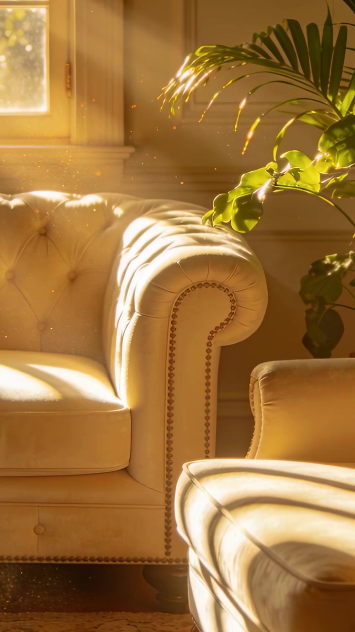 Vertical video: Streaming sunlight shifting across cream sofa and ottoman at home, sun moving dust
