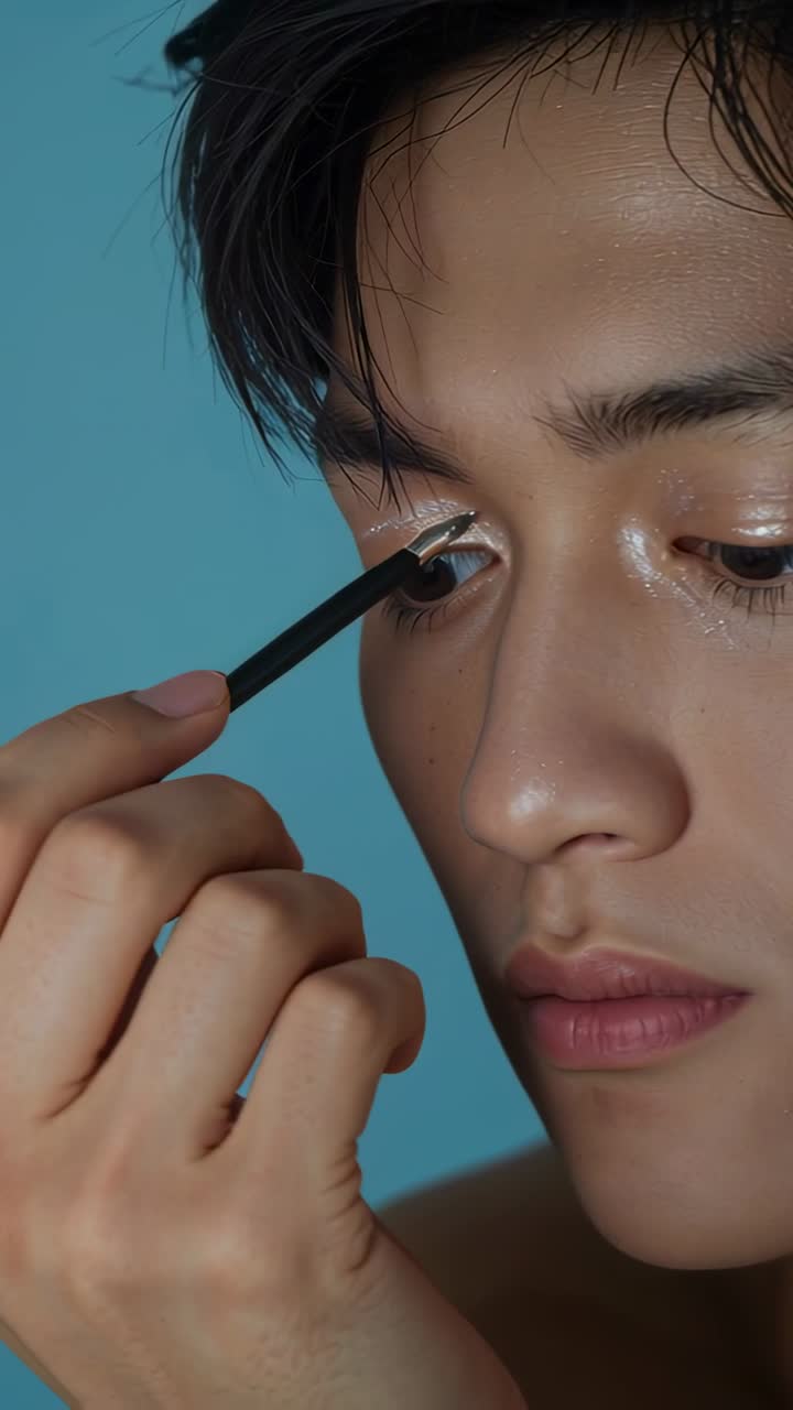 Vertical video: Gazing down man with angled brush adding inner silver glow on blue backdrop bare