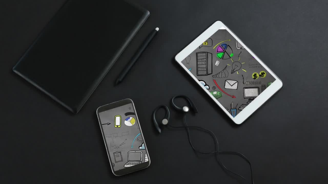 animación de las estadísticas y el procesamiento de datos financieros a través de la pantalla de la computadora portátil y el teléfono inteligente.