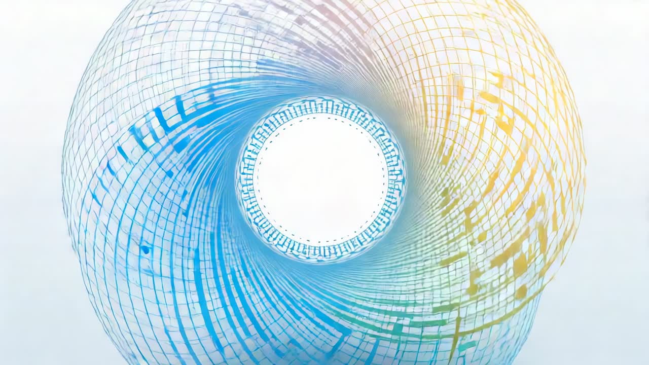Starting play rotating torus mesh object revealing bright core and circuit markings in pale set