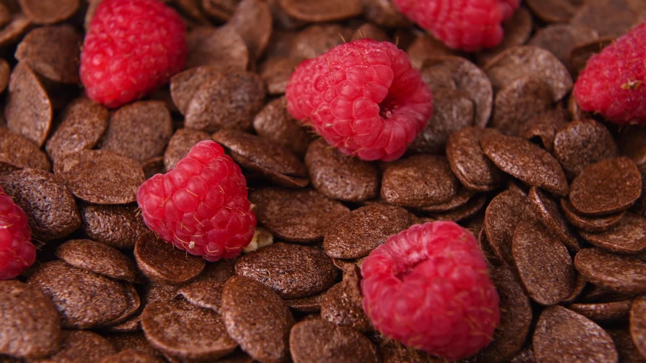 Detail close up shot of chocolate cereal with raspberries
