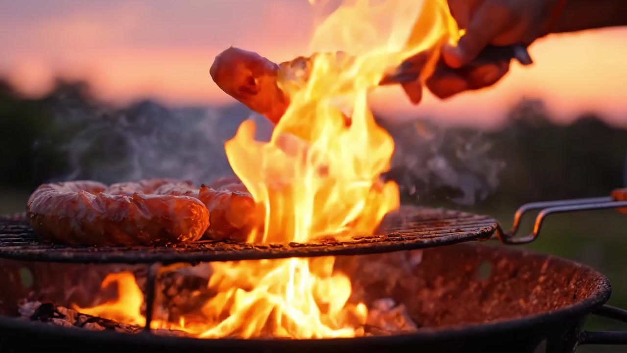 Un Appassionato Maestro del Barbecue Cucina Salsicce Succose su un Fuoco Vivace al Tramonto, Creando un'Esperienza di Barbecue Impeccabile Sotto un Cielo Colorato