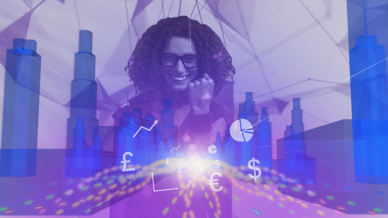 iconos digitales sobre el modelo de la ciudad 3d contra la mujer sonriente y las redes de plexus