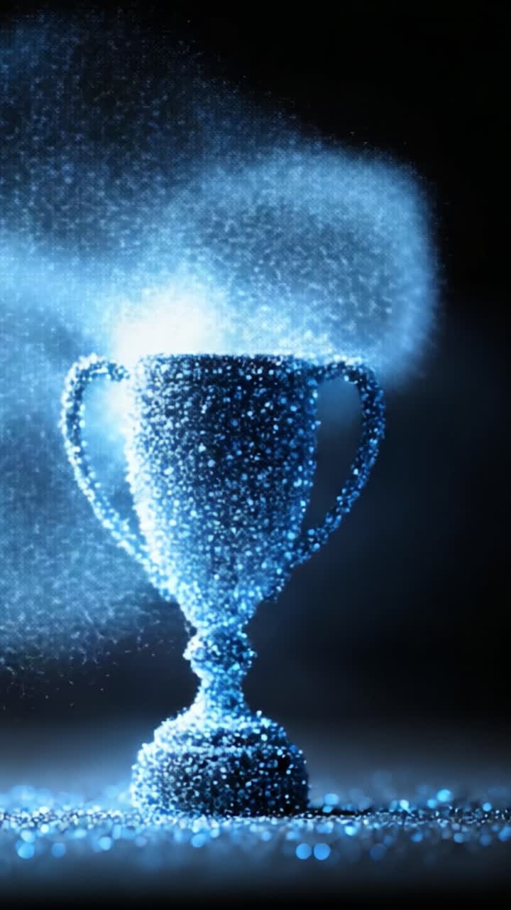 Una Visualizzazione Mozzafiato di un Trofeo Fatto di Particelle Scintillanti, Rappresentante Risultati e Successo in una Vibrante Palette di Colori Blu