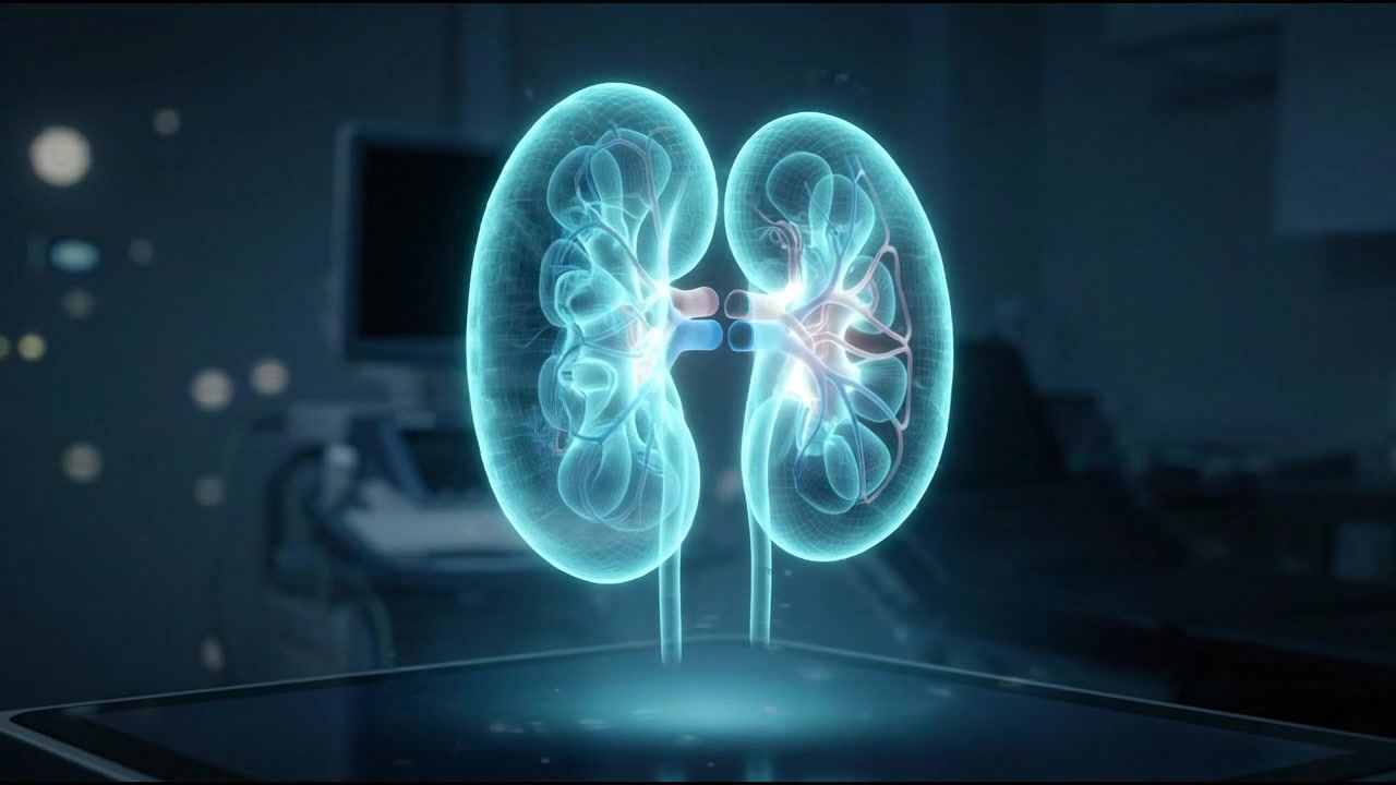 Digital wireframe 3D human kidneys scan with futuristic HUD interface