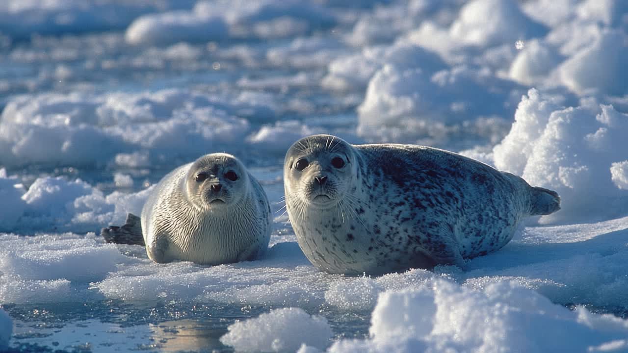 To sæler, der hviler på den isglatte overflade, omgivet af sneklædt vand, indfanger den rolige skønhed i det arktiske dyreliv og deres naturlige habitat