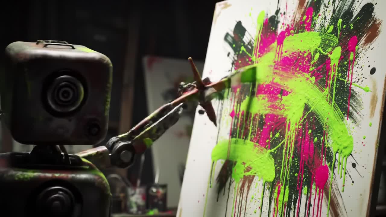 Un'esplorazione creativa dell'arte: un robot dipinge con colori vivaci e tecniche uniche su aree di lavoro, esprimendo la sua immaginazione e creatività attraverso spruzzi di vernice