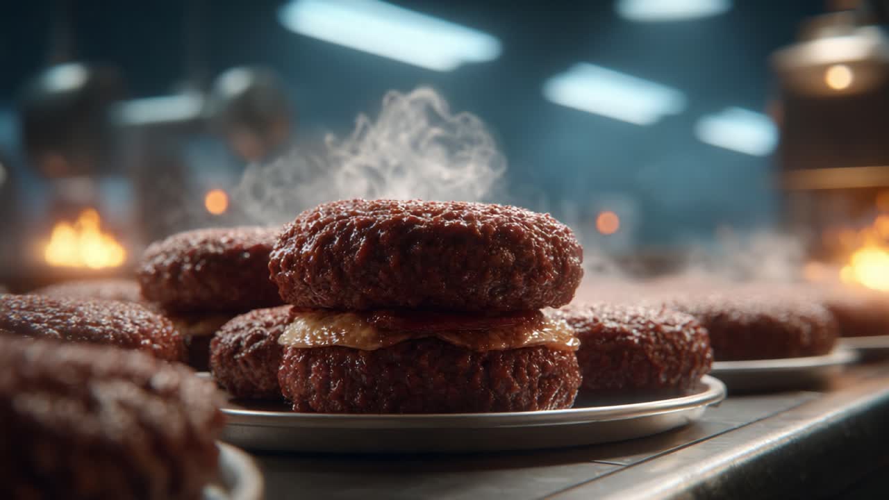 De délicieux burgers fumants dans une cuisine, présentant des galettes appétissantes avec des couches succulentes, prêts à être grillés et dégustés. Parfait pour les gourmands du monde entier!