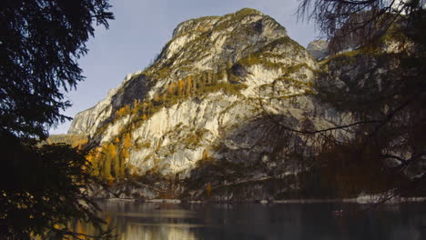 close-up of the mountain overlooking lake braies in italy