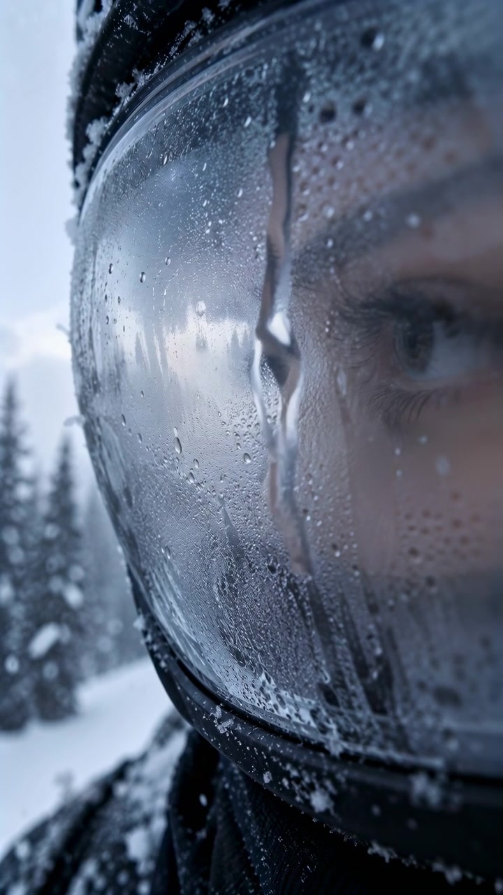 Moisture gathers across the transparent goggle lens while a narrow droplet trail shifts downward over the face, snow clings to dark headwear and evergreen trees blur in cold daylight.