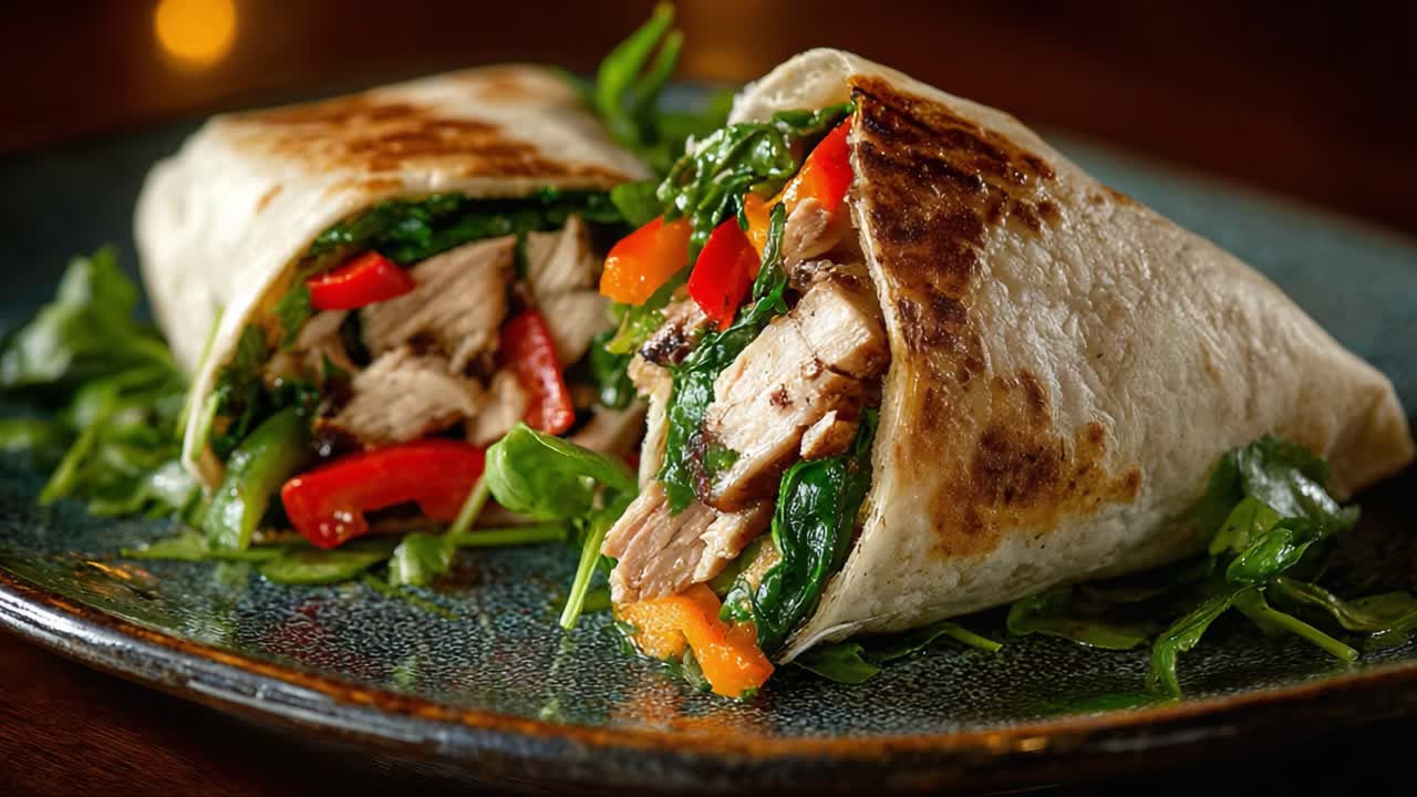 Deliciously Grilled Chicken Wraps Filled with Fresh Vegetables, Spinach, and Colorful Peppers Served on a Beautiful Plate
