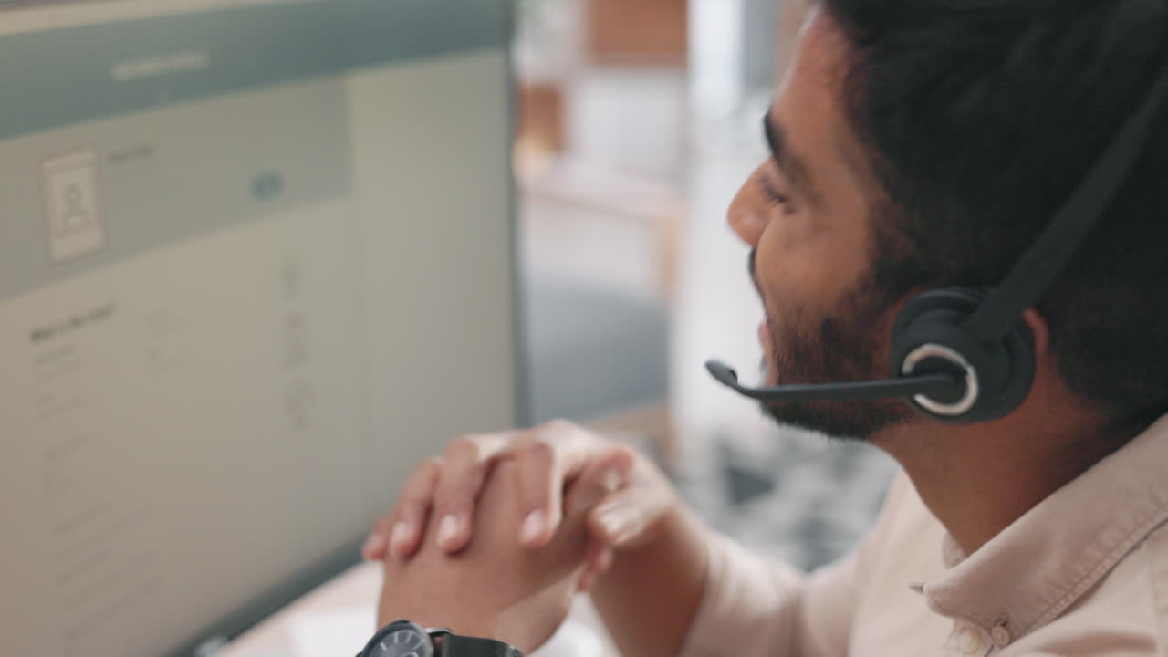 Call center, phone call and man with computer