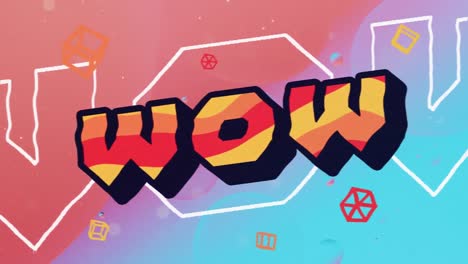animación de texto wow sobre un fondo con patrones abstractos.