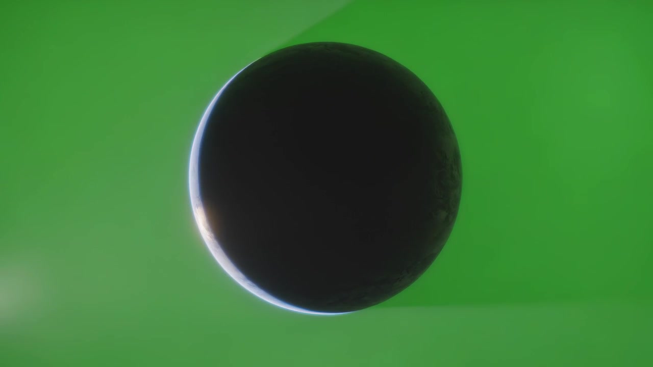 Rotating single dark sphere revealing thin crescent limb against green field, shifting light