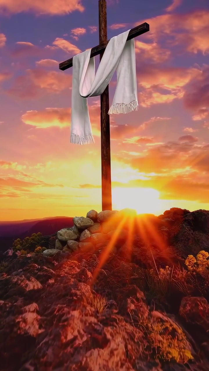 Cruz Cristã com Pano Branco Contra um Céu Dourado de Pôr do Sol