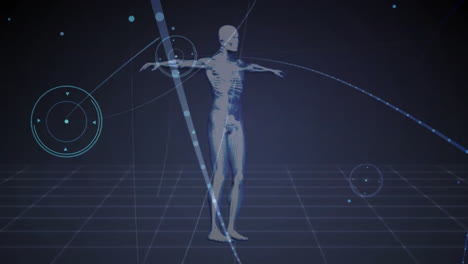 human skeleton with arms outstretched, surrounded by scientific data animation